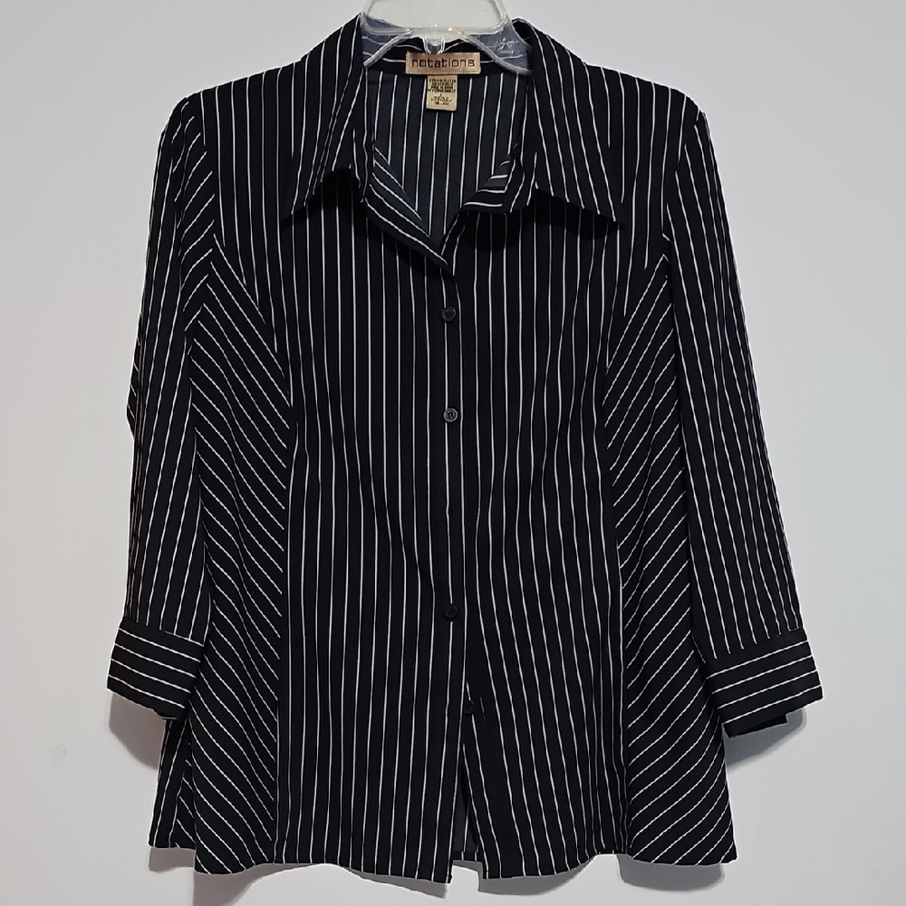 Notations Black and White Pinstripe Blouse Sz Large Work Cocktail Holiday